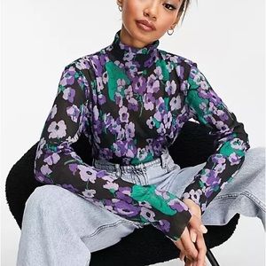 & Other Stories Black, Purple, Green Floral sheer long sleeve turtleneck